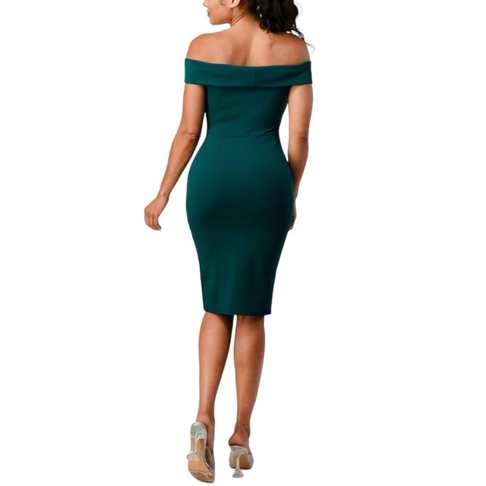 Room Service Off Shoulder Bodycon Hunter Green Stretch Midi Dress